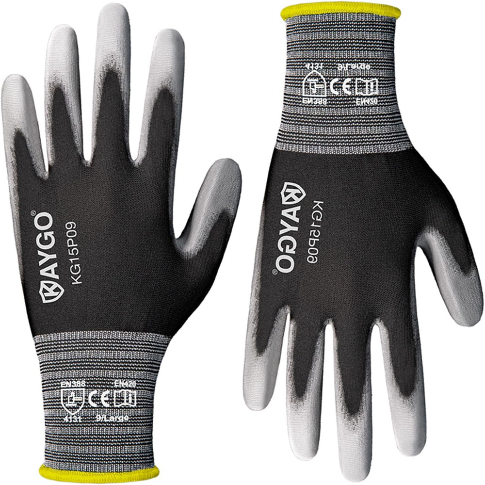 KAYGO Ultra Thin PU Coated Safety Work Gloves, 12 Pairs Nylon Knit, High
