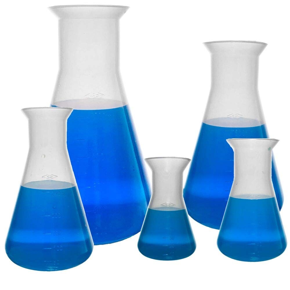 Plastic Erlenmeyer Flask Set – 5 Sizes – 50, 100, 250, 500, 1000ml, KarterSci