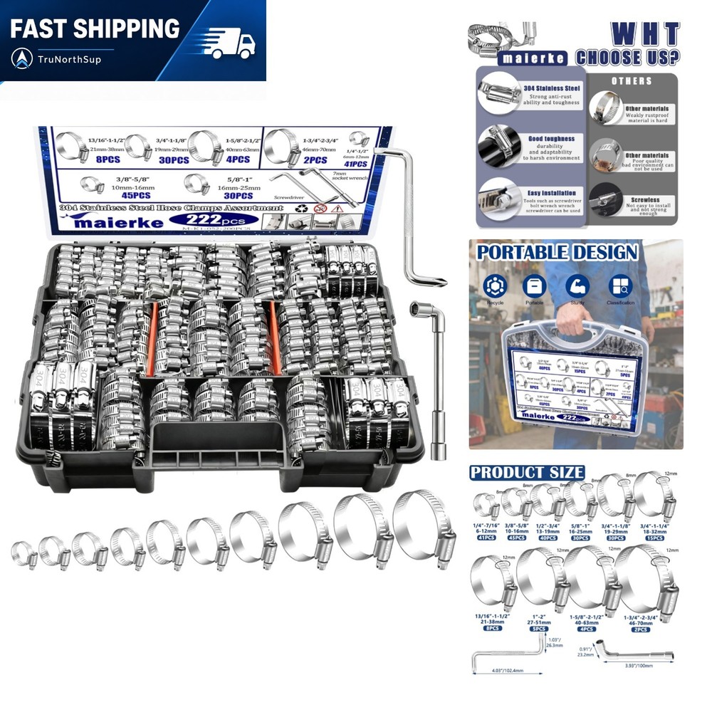 222pcs Stainless Steel Hose Clamps Assortment Kit 1/4-2-3/4 inch Worm Gear Au…