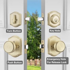 Satin Brass Door Knob with Lock, Exterior Door Lock Set with Deadbolt, Exteri…