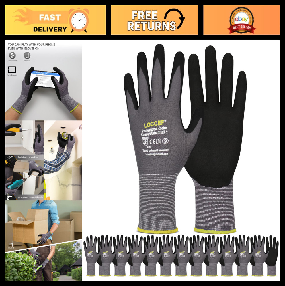 MicroFoam Nitrile Coated Work Gloves – 6 Pairs, Seamless Knit Nylon, Gray