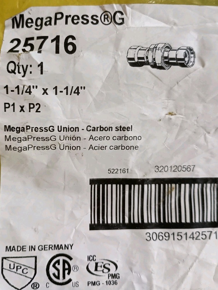 VIEGA MegaPressG 25716 MegaPressG Union 1-1/4″ x 1-1/4″ P1 x P2