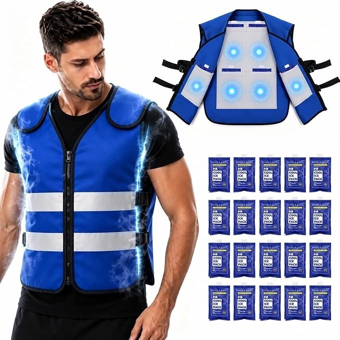Cooling Vest with 20 Reusable Ice Packs – Adjustable Size for Outdoor Activities