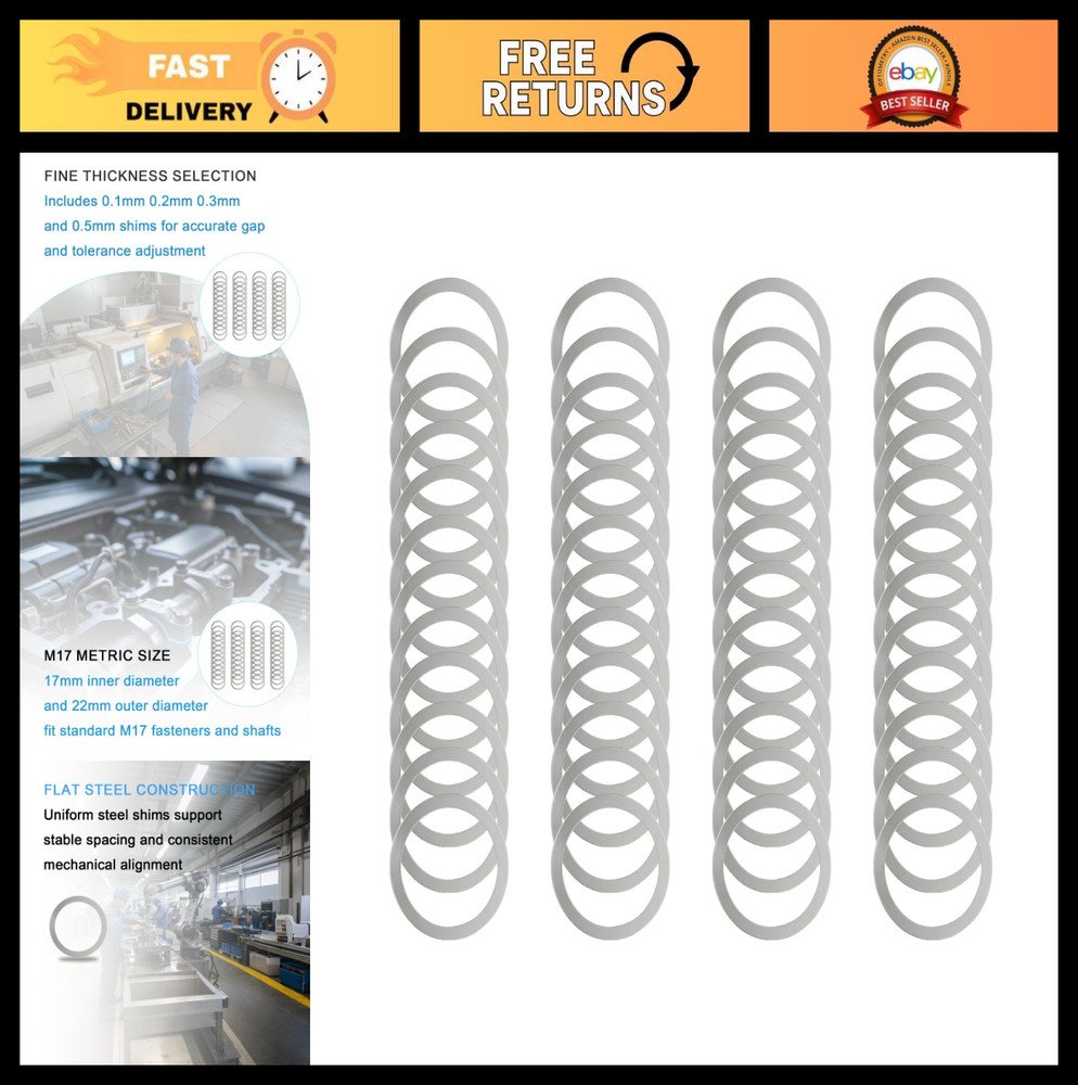 48 Pcs Stainless Steel Shim Washer Set M17x22mm – Metric Flat Shims 0.1-0.5mm Th