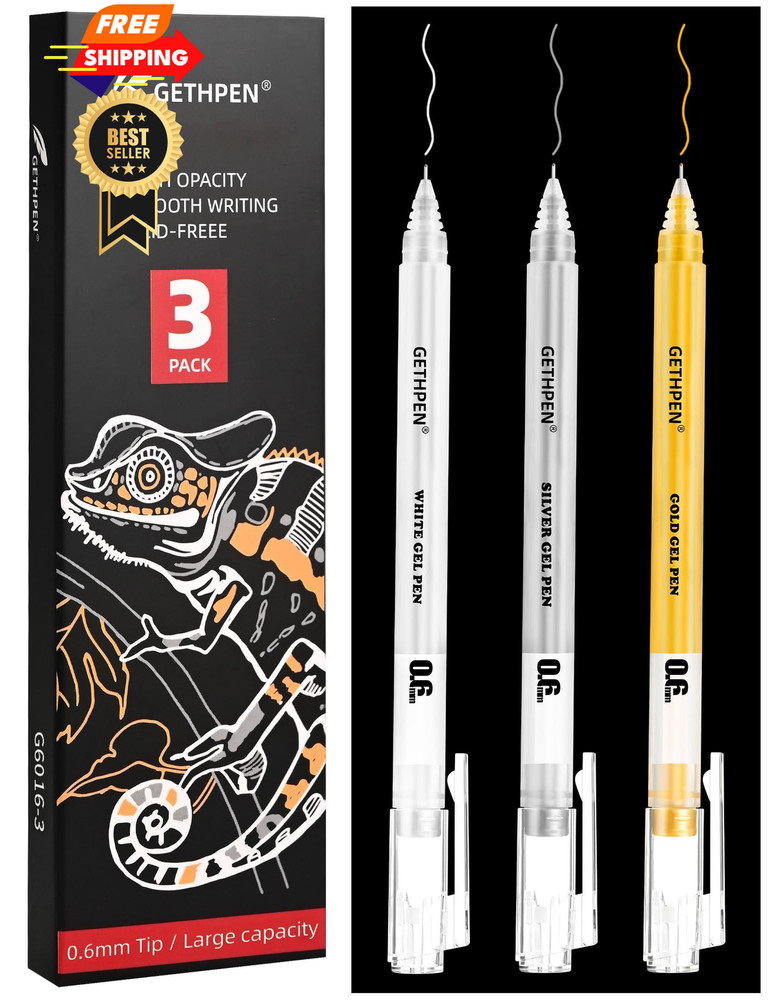 GETHPEN 3 Colors 0.6mm Extra Fine Point Gel Pen Set 0.6 mm, White,Gold,Silver