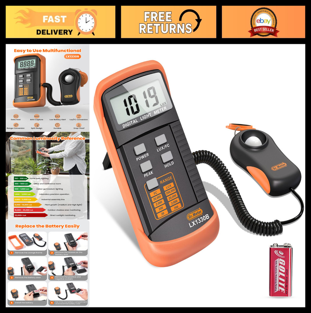 Digital Lux Meter 0-200,000 Range – Illuminance Light Intensity Tester for Indoo