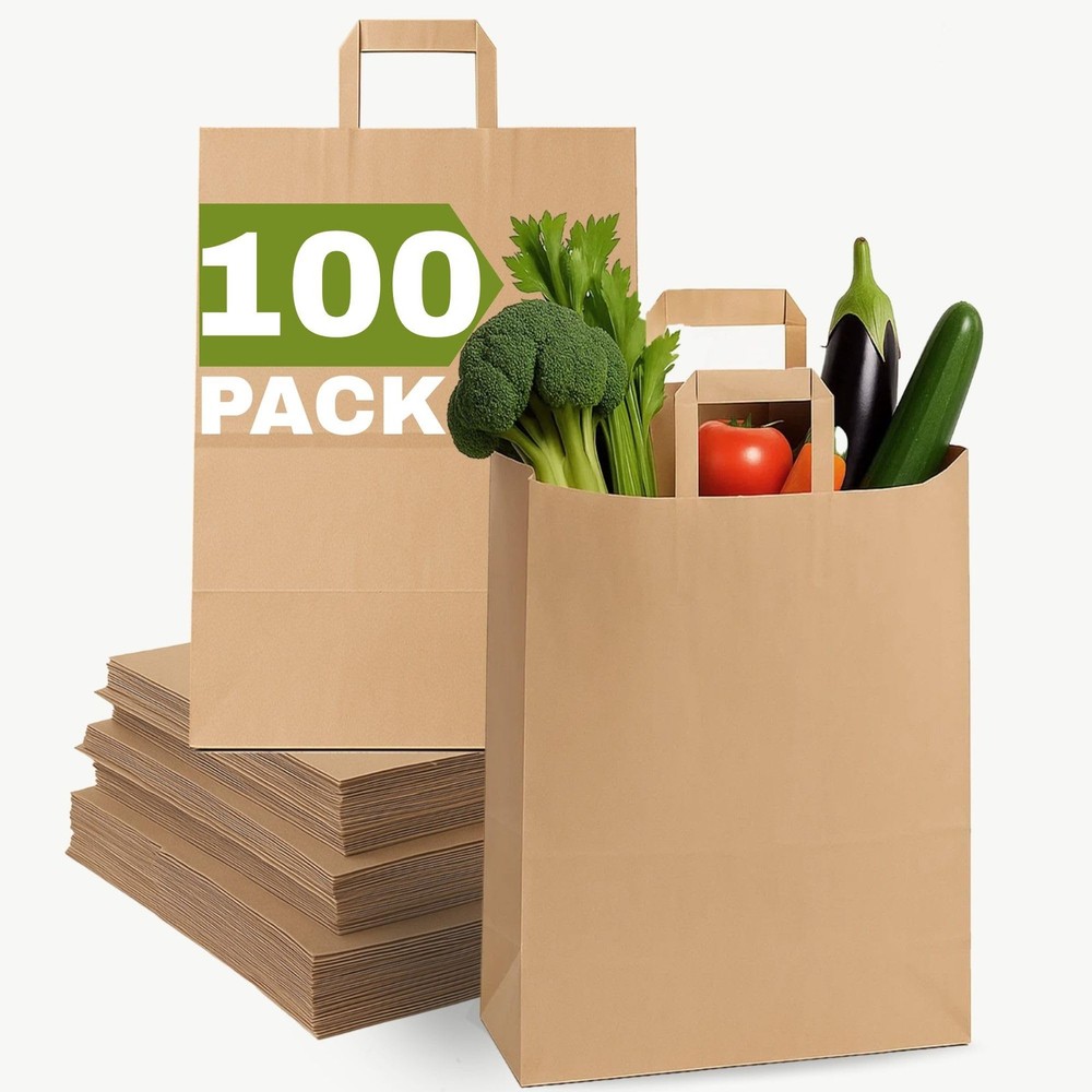 12x7x17 Large Brown Paper Grocery Bags, inches (Pack of 100),