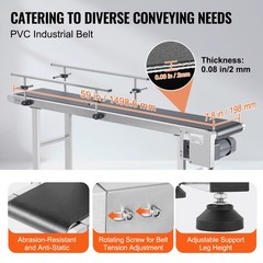 VEVOR Belt Conveyor PVC Stainless Steel Belt Conveyor 59″x7.8″ Double Guardrail