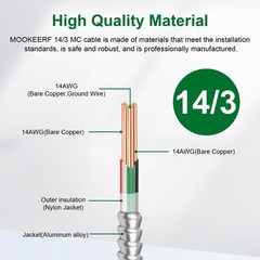 10FT 14/3 MC Cable with Ground – Pure Copper 14AWG Metal Clad Wire, 3 Conductor