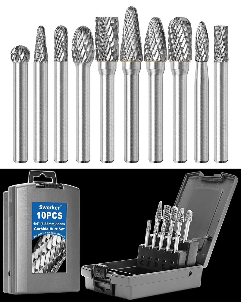 10Pcs Carbide Burr Set 1/4 Shank W/Grey Box Max Head Dia 10Mm Die Grinder Bits R