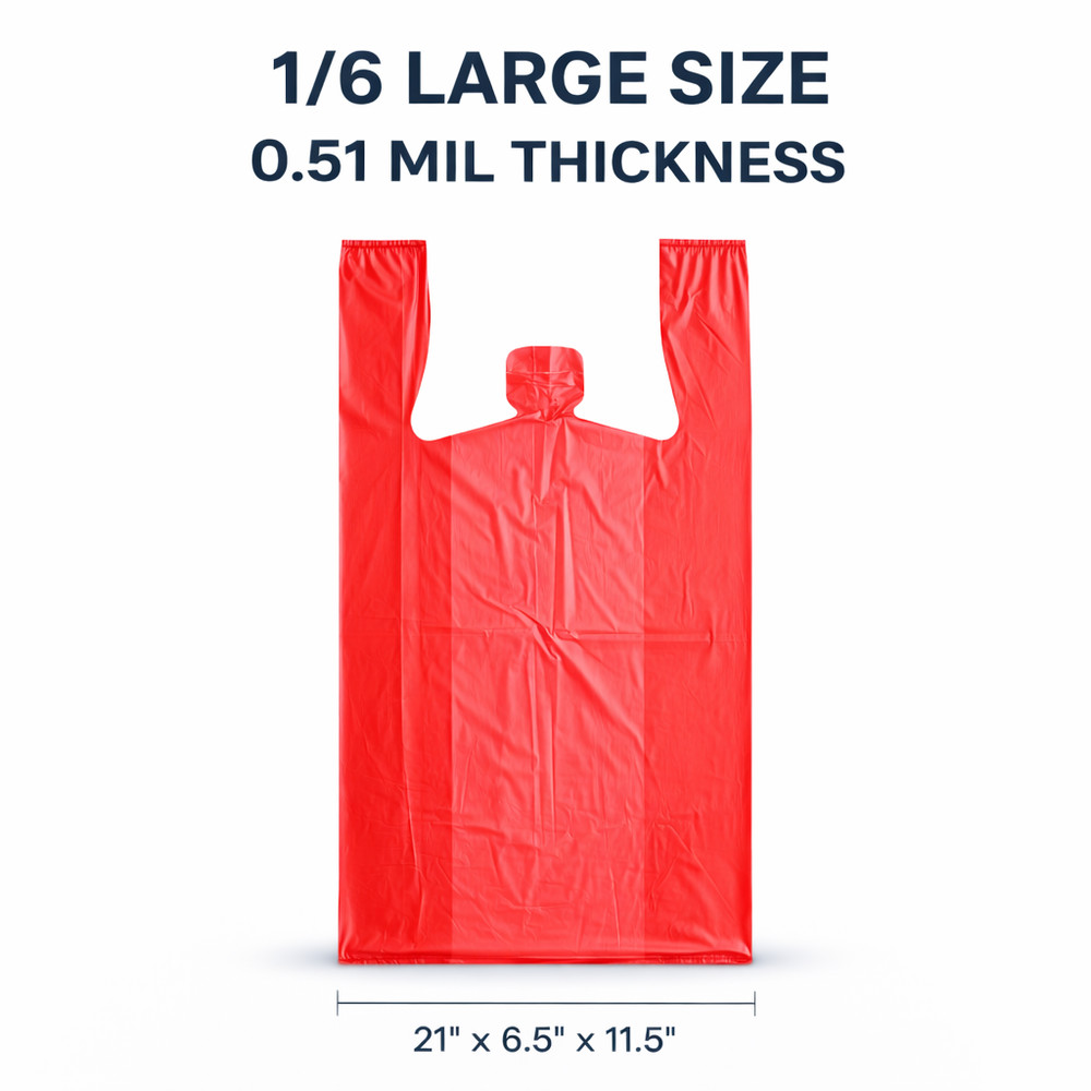 Red Plastic T-Shirt Grocery Shopping Bags 1/6 Large 0.51 Mil 21×11.5×6.5 Bulk