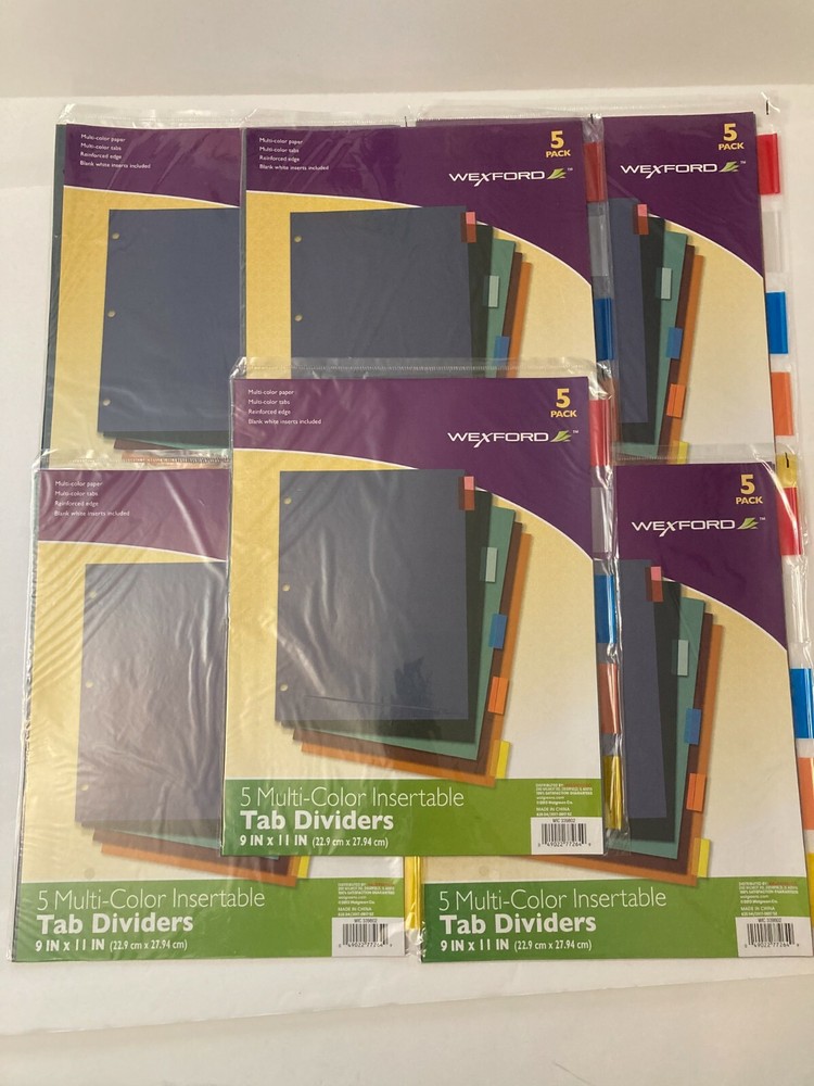 Lot of 6 Wexford 5 Pack Multi-Color Insertable Dividers 9″ x11.25″ NEW