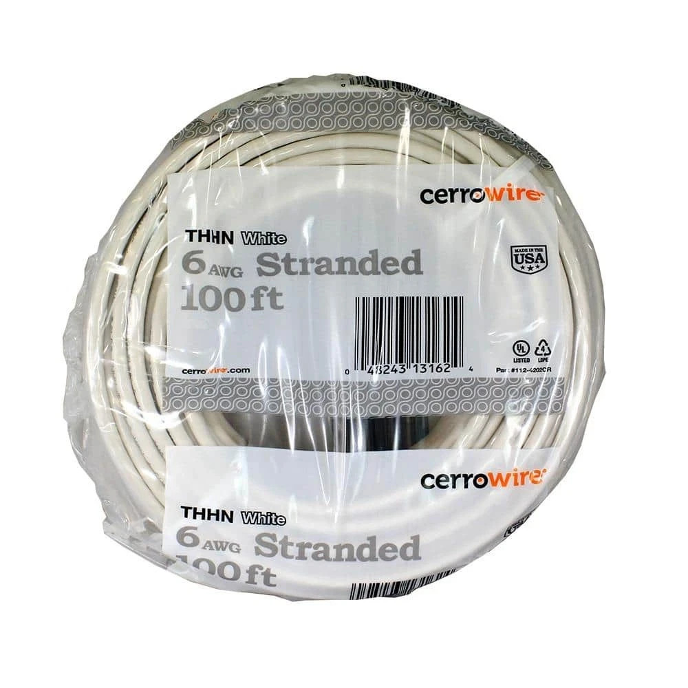 Cerrowire 100 ft. 6 Gauge White Stranded Copper THHN Wire