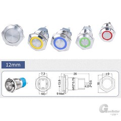 12mm LED ON OFF Waterproof Stainless Steel Latching Push Button Ring Switch