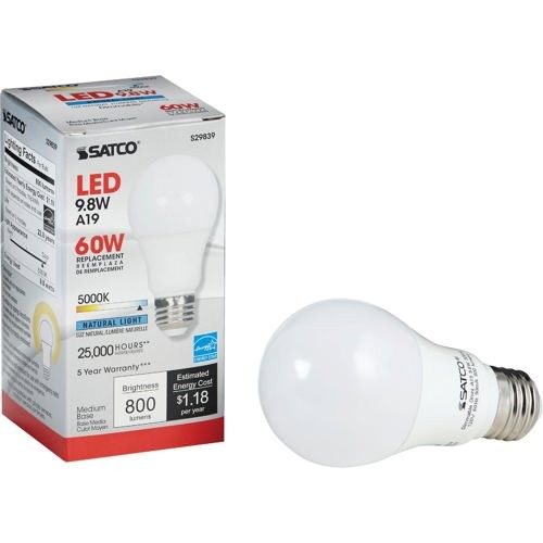 1Pc Satco 60W Equivalent Natural Light A19 Medium Dimmable LED Light Bulb