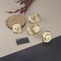 Satin Brass Door Knob with Lock, Exterior Door Lock Set with Deadbolt, Exteri…
