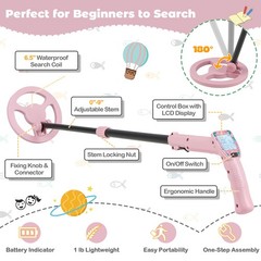 24.5″-33.5″ Metal Detector for Kids with LCD Display IP68 Waterproof Pink