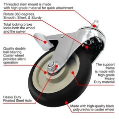 4 Pack 5 Inch Stem Caster Swivel w/ Front Brake Black PU Heavy Duty Caster Wheel