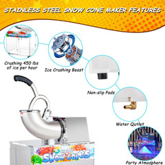 48L Snow Cone Machine, 500LB/H Commercial Shaved Ice Machine, 300W Electric Ice