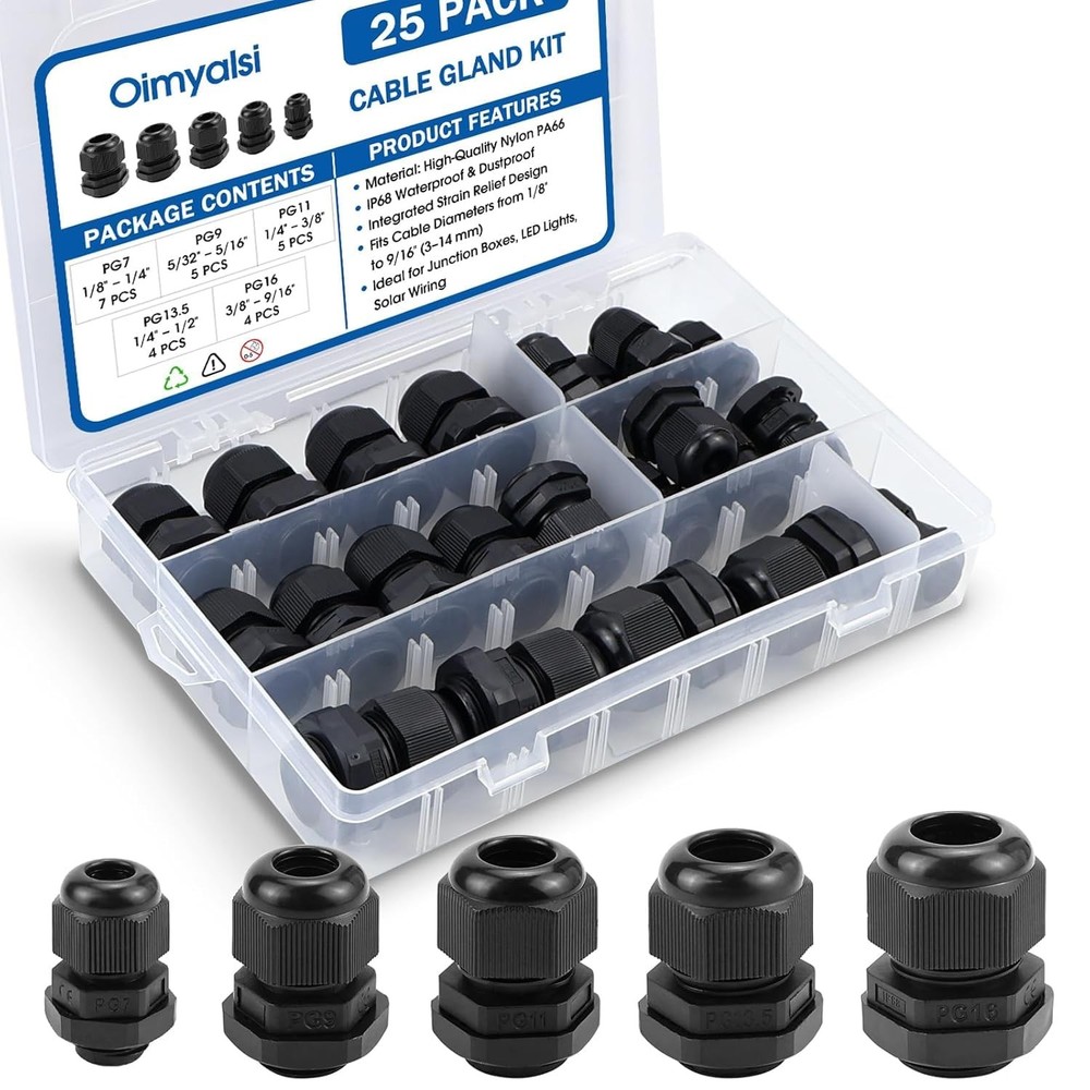 IP68 Waterproof Cable Gland Kit 25 Pack PG7 to PG16 Nylon Cord Grip Connectors