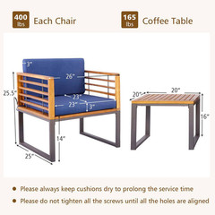 3-Pieces Acacia Wood Outdoor Bistro Patio Conversation Set Table and Chair with