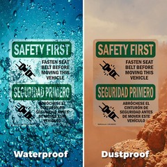 (2 Pack) Fasten Belt Moving Vehicle Bilingual OSHA Safety First Sign Decal Metal