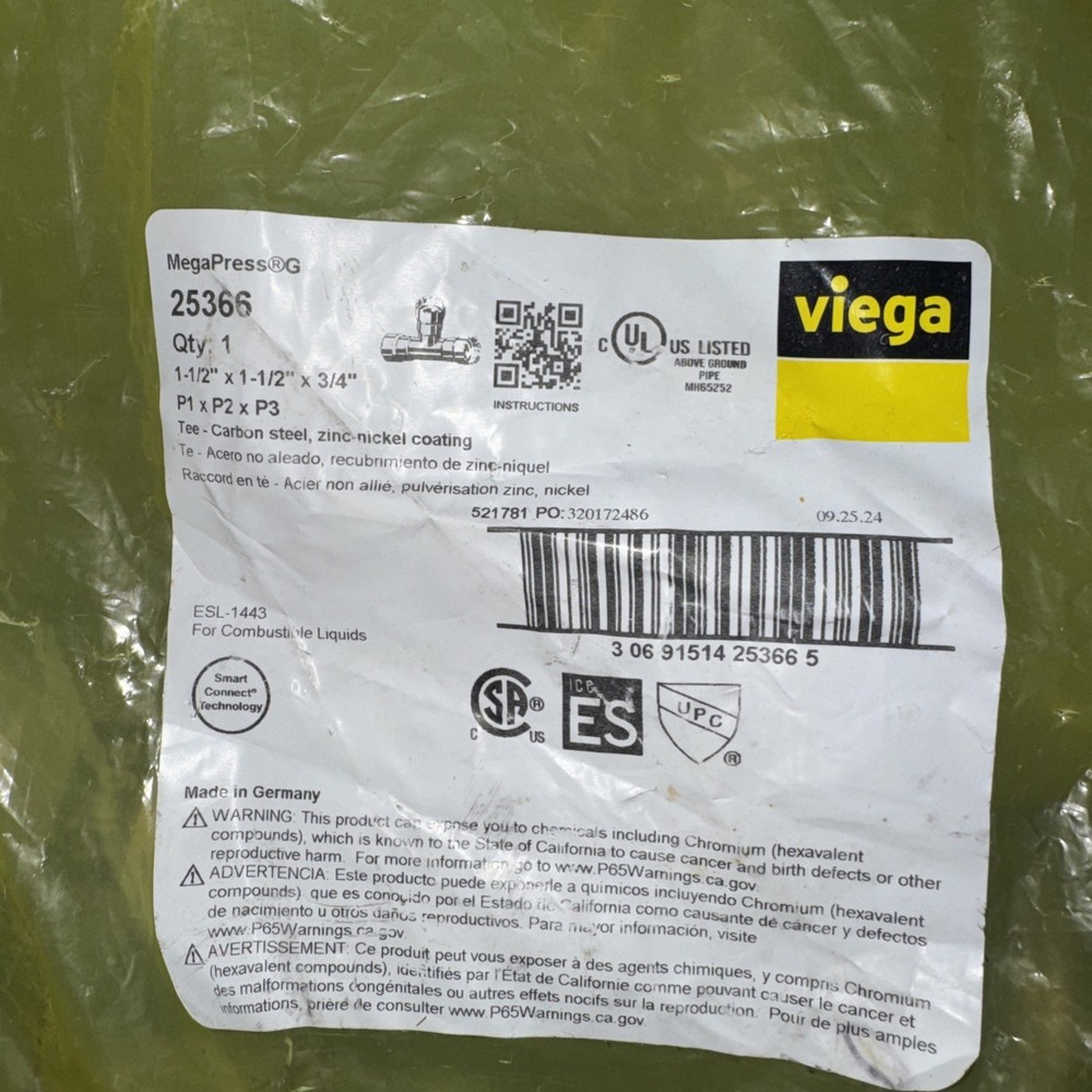 Viega MegaPress G 25366 Reducing Tee 1-1/2″x1-1/2″x3/4″ -With HNBR Carbon Steel