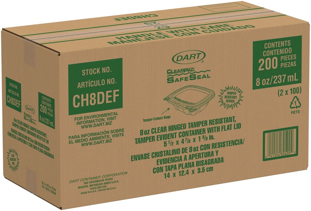 Dart CH8DEF 8 oz PET Tamper Evident Clear Hinged Deli Containers SafeSeal 200/CS