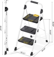 KINGRACK 3 Step Folding Ladder, 800lbs Capacity Stool with 3-STEP, White