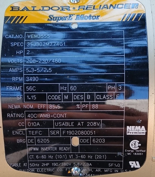 Baldor Reliance Super E VEM3555 2HP TEFC 3PH 208-230/460V 3490RPM
