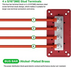 2Pcs 300A Busbar 12-48V DC Heavy Duty Copper Power Distribution Block 4 X M8 (5/