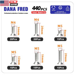 440 Pieces Flat Hex Socket Head Cap Screws Kit 304 Stainless Steel M3 M4 M5 Metr