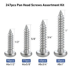 247Pcs Pan Head Wood Screws Assortment Kit, #6#8 Stainless Steel 304 Self Tappin