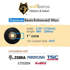 Wolfbarco 12 Rolls 4.33 X 984 110Mm X 300M Premium Resin-Enhanced Wax Ribbon