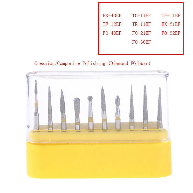 1 Box Dental Diamond FG Burs Drill Kit Creamics/Composite Polishing 10 Pcs/Box