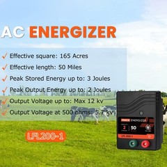 AC Powered Electric Fence Charger 50 Miles, 2 Joule Plug-in Energizer for Livest