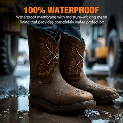 NINGO Men Steel Toe Waterproof Work Boots Leather Square Toe Western Cowboy Boot