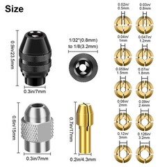 1pc Keyless Drill Chuck+10pcs Brass Collet+2pcs Metal Nut for Dremel Rotary Tool