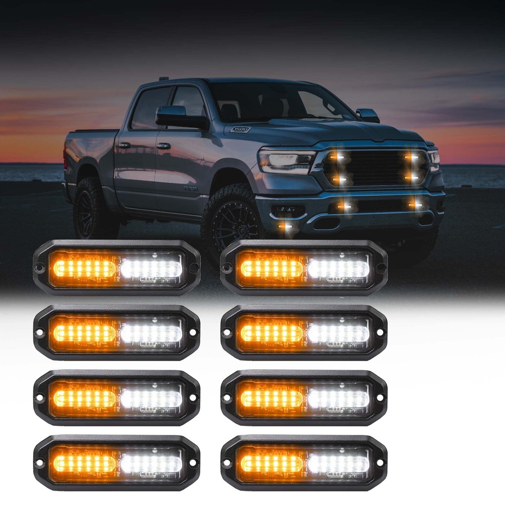 WINECO Amber/White LED Strobe Lights Kit – 8pcs 12-LED Flashing Emergency
