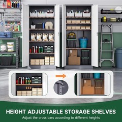 Metal Garage Cabinet Lock Adjustable Shelves Steel Tool Storage Gray White 72in
