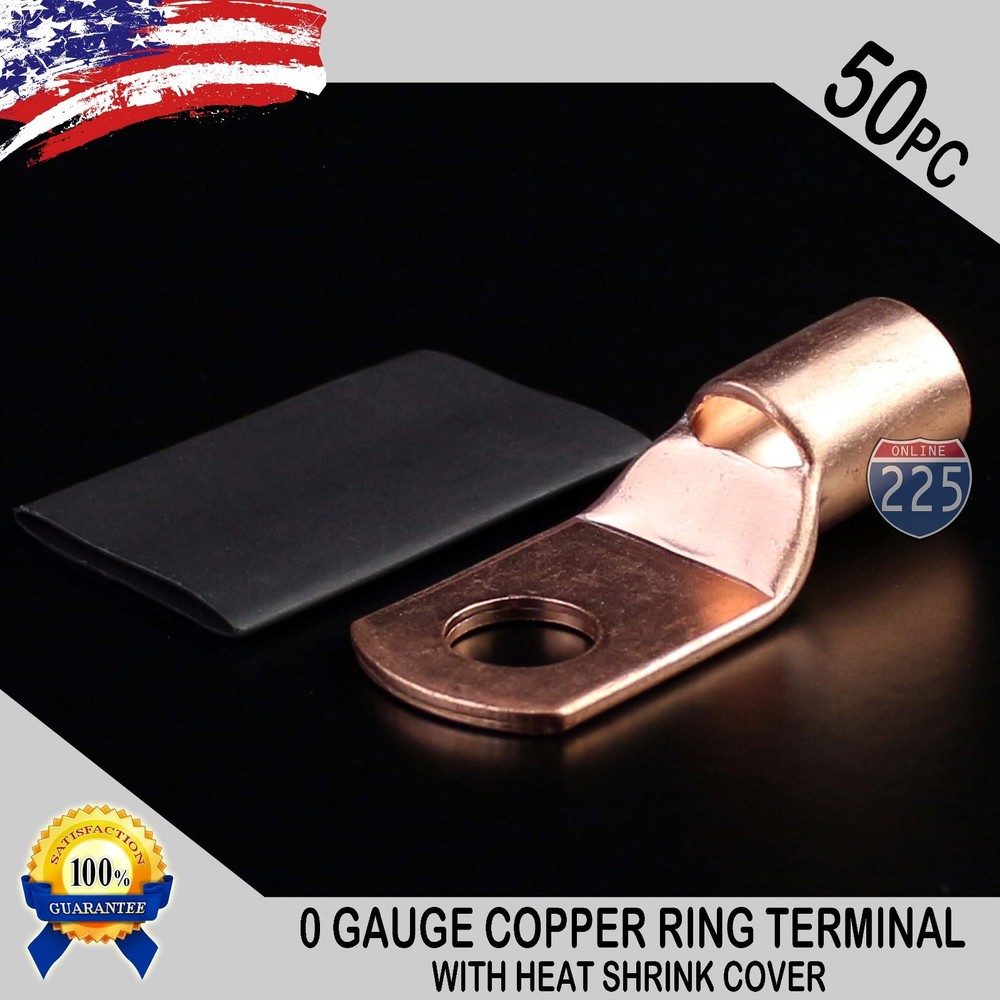 50 PCS 1/0 AWG 0 GA Copper Ring Terminal Heat Shrink 5/16″ Hole Lug Connector US