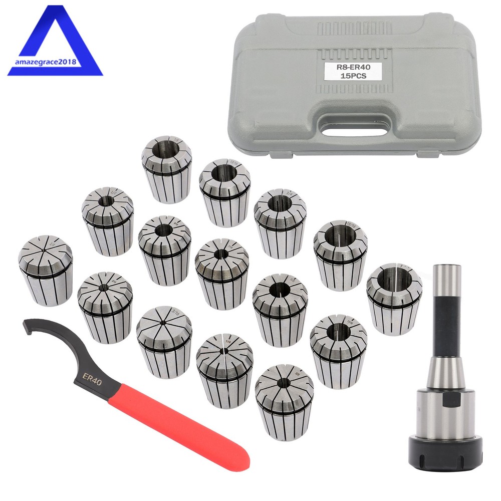 15 Pcs 1-/8” – 1” Collet Set R8 ER40 Shank Chuck Holder for Milling Machine