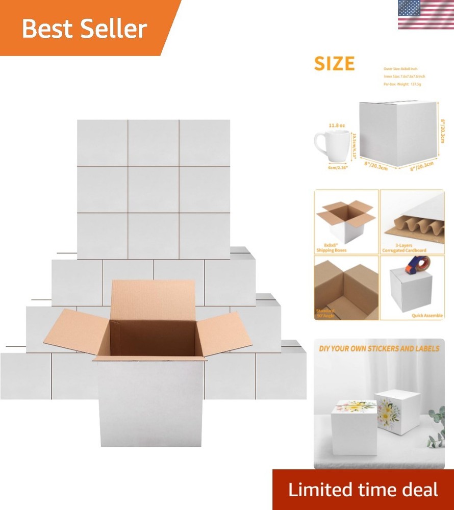 Set of 25 Durable White Cardboard 8x8x8 Shipping Boxes for Small Items