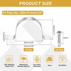 6pcs for 57mm (2-1/4″) 304 Stainless Steel Ties with Screws, Silver