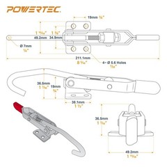 POWERTEC J Hook Toggle Clamp 451 w/ Hook Type Draw Latch Pull Action, 375 lb 2PK