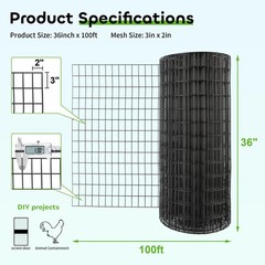 Welded Wire Fencing 36 Inch x 100 Foot, 2 Inch x 3 Inch 16GA Black Hardware C…