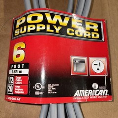 Power Supply Cord 6 Foot 12 Guage 20 Amps 125/250v A1416006GY, AMERICAN WIRE