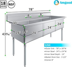 78 in. x 30 in. Stainless Steel Three Compartment Sink with 24 in. x 24 in. x 14
