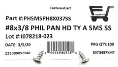 (100) #8 x 3/8 Stainless Steel Phillips Pan Head Sheet Metal Screws Type A