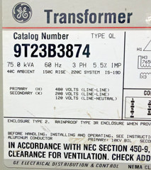 GE 75kVA 480V Transformer 3PH 60HZ 208Y/120V 9T23B3874 🟦